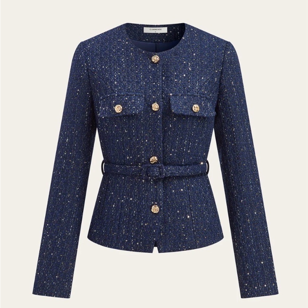 NWT Commense Navy Tweed Blazer with Gold Buttons